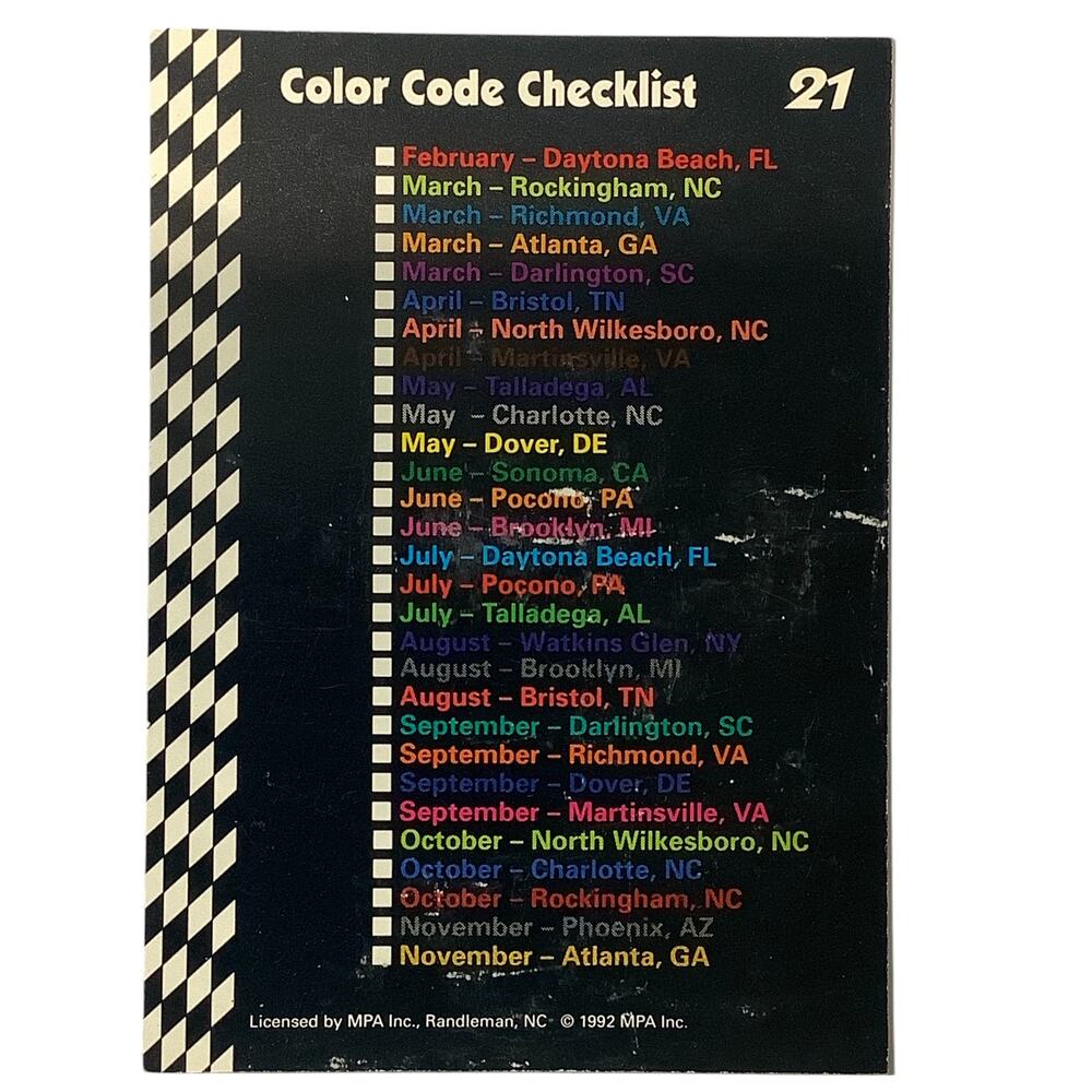 1992 Richard Petty Fan Appreciation Color Code Checklist, Food Lion MPA Card #21